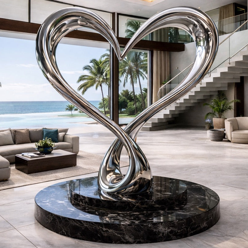 Modern interior with a large metallic heart sculpture in a living room.