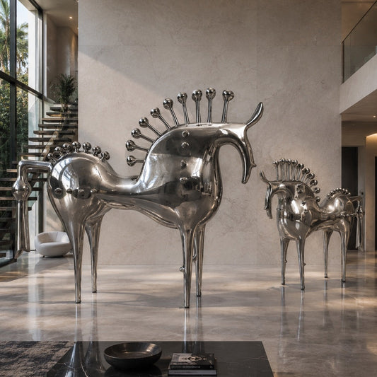 Silver horse sculptures in a modern interior setting