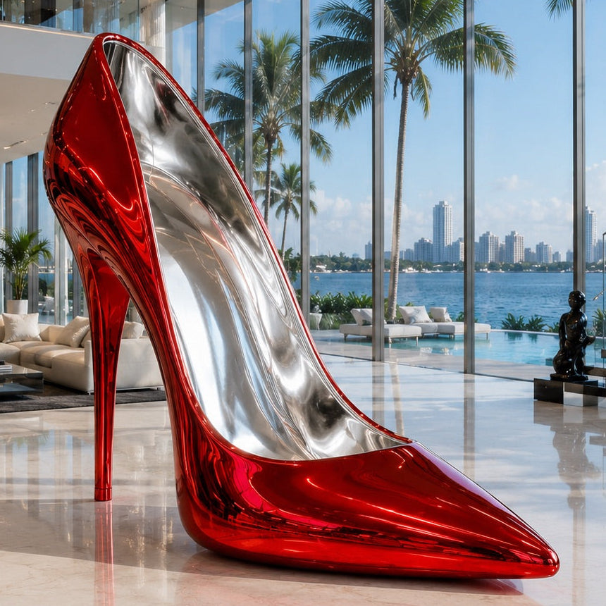 Red high-heeled shoe sculpture in a modern living room with large windows and palm trees outside.