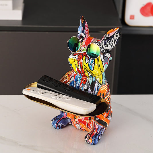 ArtZ® French Bulldog Graffiti Painted Sculpture Table Tray With Piggy Bank French Bulldog Table Tray
