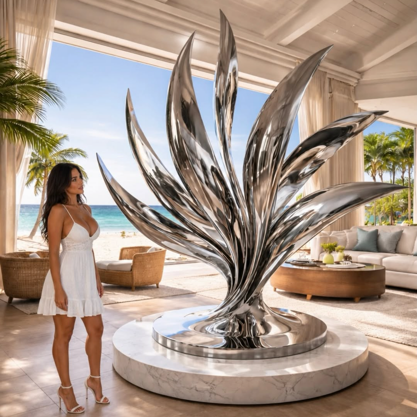 Woman in a white dress standing next to a large metallic sculpture in a luxurious indoor setting with a view of the ocean.