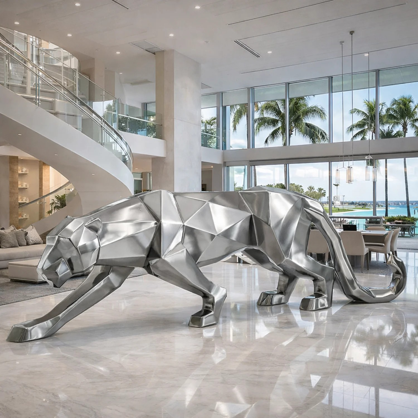 OSO Stainless Steel Dominion Panthera Sculpture Stainless Steel Panther Sculpture Height: 36 inch (91 cm) Silver