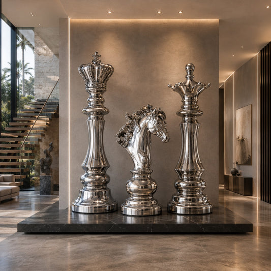 OSO Stainless Steel Sovereign Strategy Collection Stainless Steel Sovereign Strategy Chess Sculptures Collection Height: 19.6 inch (50 cm) Silver 3 Piece Collection