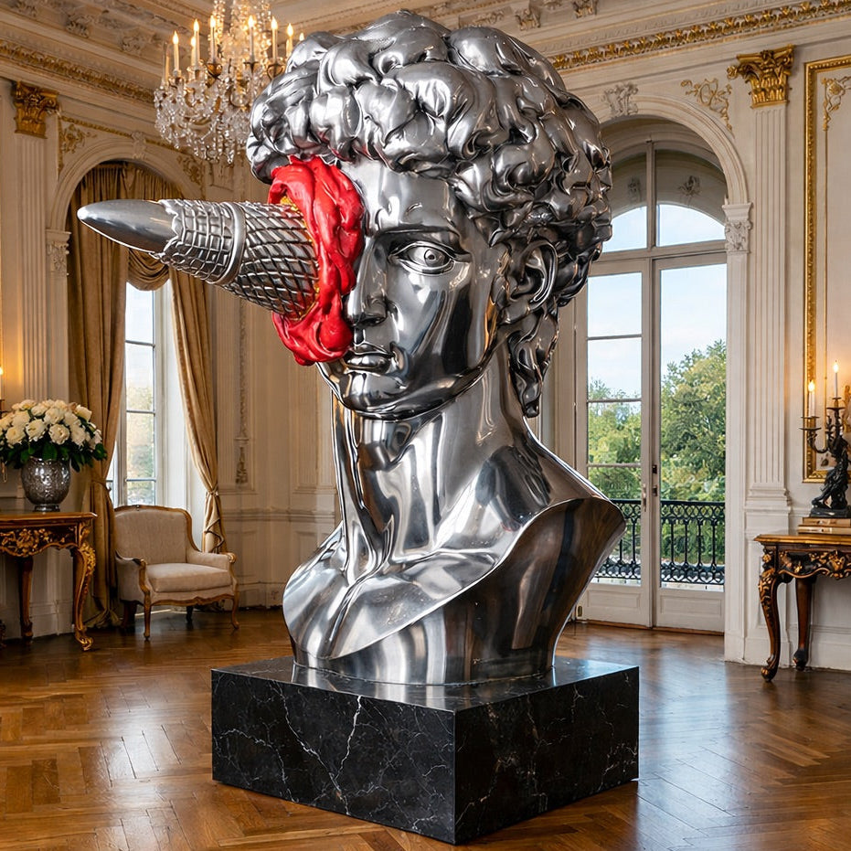 OSO Stainless Steel Echelon Disruptor Sculpture Stainless Steel Bust Of David with Ice Cream In Face Sculpture
