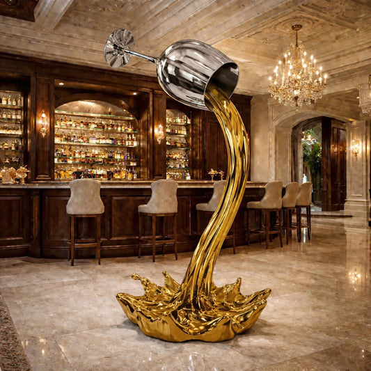 OSO Stainless Steel Elysian Pour Sculpture Stainless Steel Wine Glass Pouring Sculpture Height: 36 inch (91 cm) White Wine (Gold Wine)