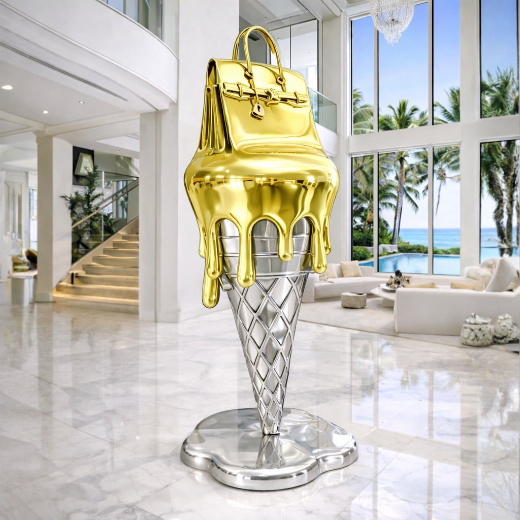 OSO Stainless Steel Molten Icon Sculpture Stainless Steel Melting Hermes Birkin Bag Sculpture Height: 36 inch (91 cm) Yellow