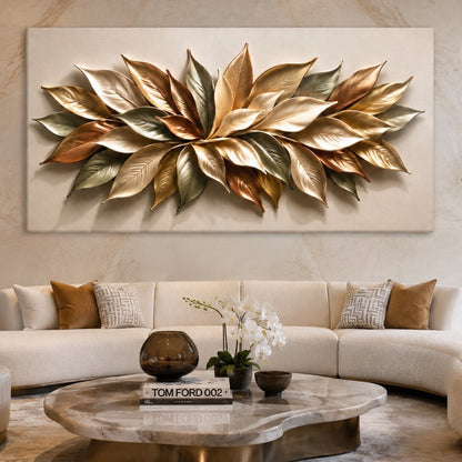 Large wall art featuring metallic gold and bronze leaf-like petals on a cream background, displayed above a modern curved sofa in a luxurious living room.