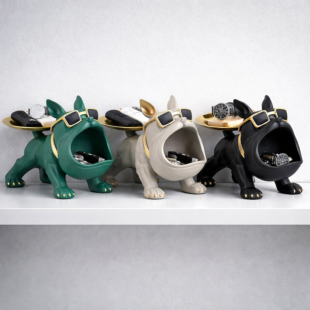 ArtZ® Bodybuilder Bulldog Storage Bin And Tray Bull Dog Storage Bin And Tray Sculptures Full Set (3 Bulldogs)