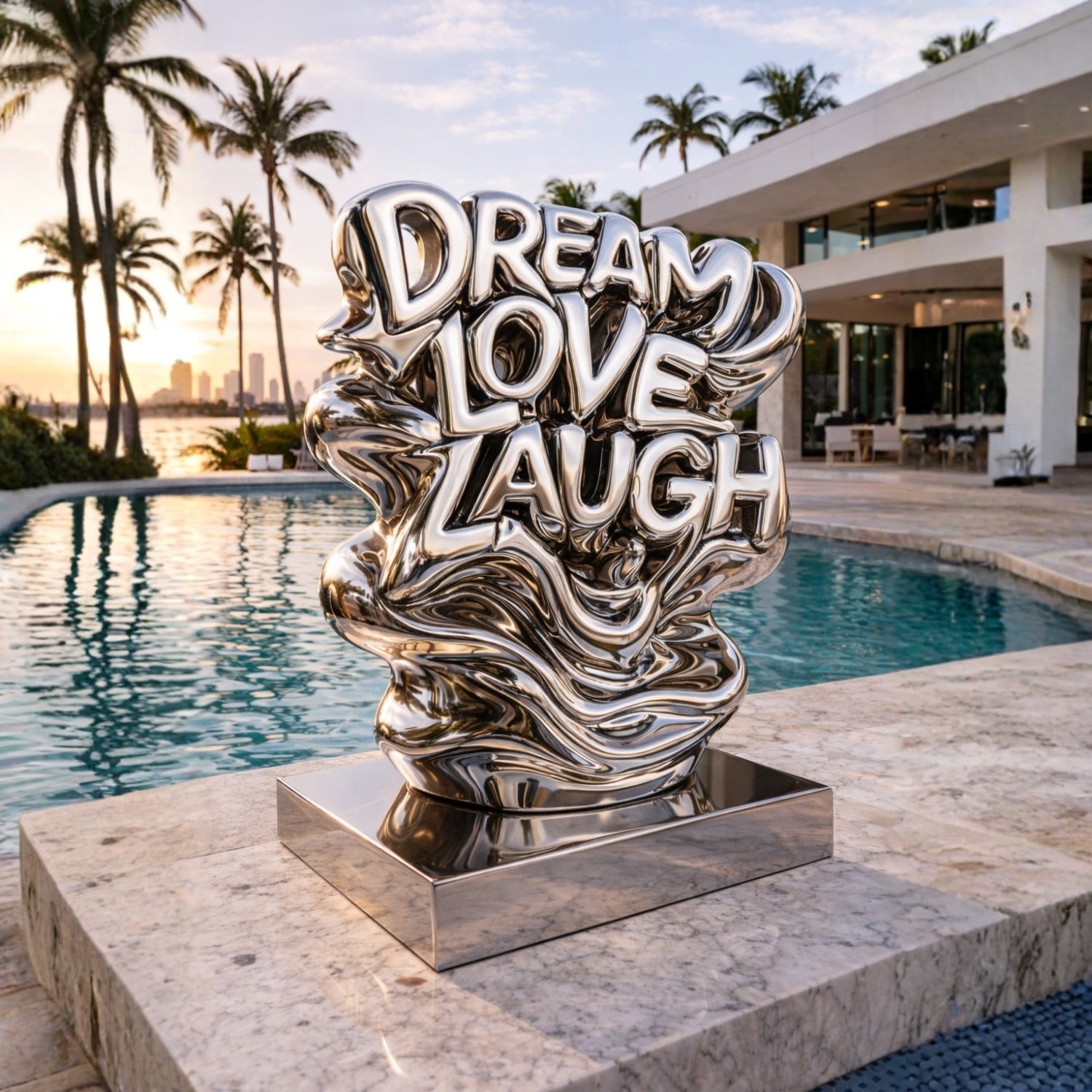 OSO Stainless Steel Luxe Mantra Sculpture Stainless Steel Melting Dream Love Laugh Sculpture Height: 36 inch (91 cm) Flowing