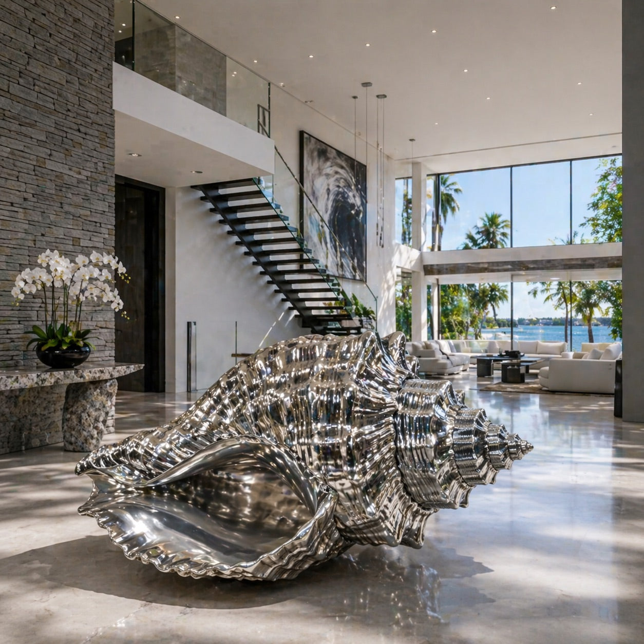 OSO Stainless Steel Elysian Shell Sculpture Stainless Steel Shell Sculpture Height: 36 inch (91 cm) Queen Conch