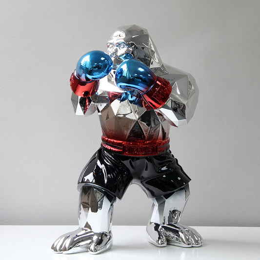 ArtZ® Urban Primate Boxing Gorilla Sculpture Boxing Gorilla Sculpture Silver Gorilla; Black Shorts; Blue Gloves