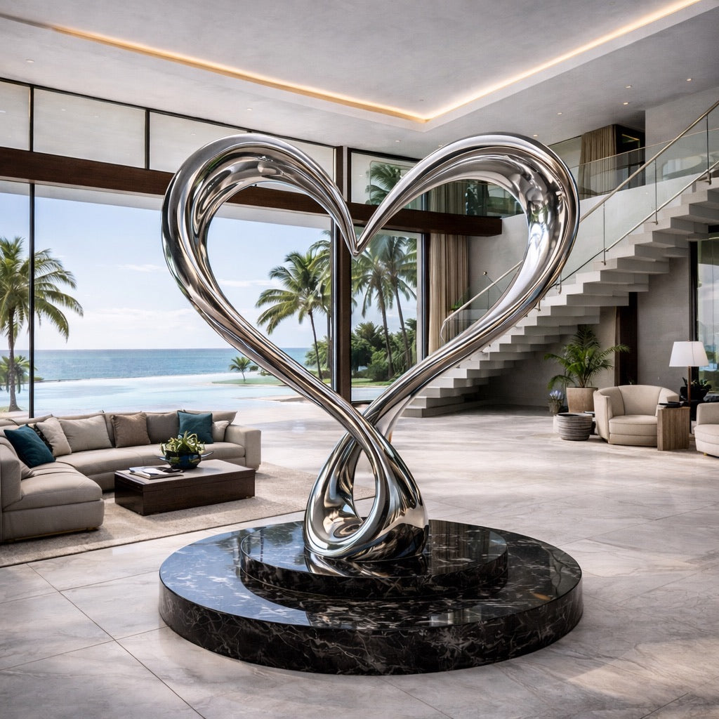 Modern interior with a large metallic heart sculpture in a living room.