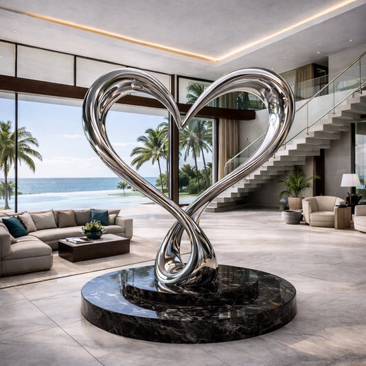 Modern interior with a large metallic heart sculpture in a living room.