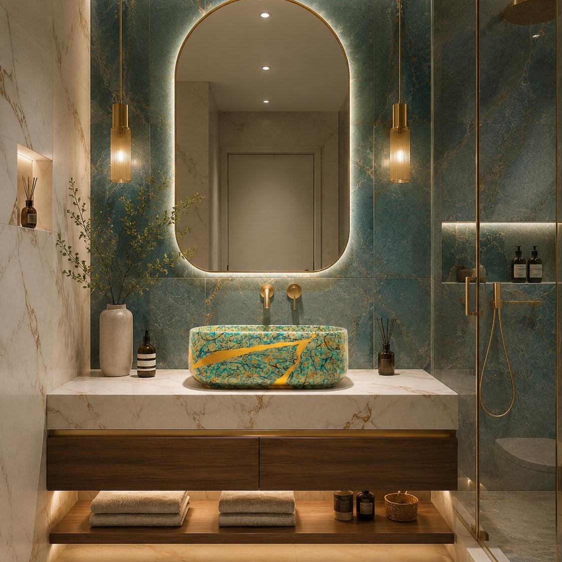 A luxury bathroom vanity setup featuring a round vessel sink with a vibrant green and gold marbled pattern, set on a white marble countertop with a matching arched backlit mirror. The background wall is also covered in a textured teal-green marble tile, accented by gold-toned pendant lights and a glass shower enclosure.