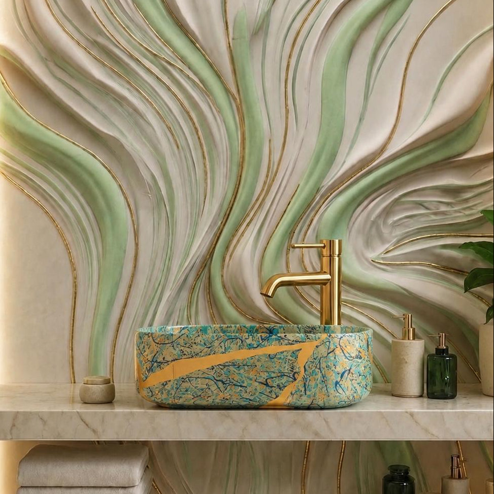 A modern bathroom vanity setup featuring a round vessel sink with a blue and gold marbled pattern, set on a marble shelf against a large sculptural wall panel with flowing green, beige, and gold veining.