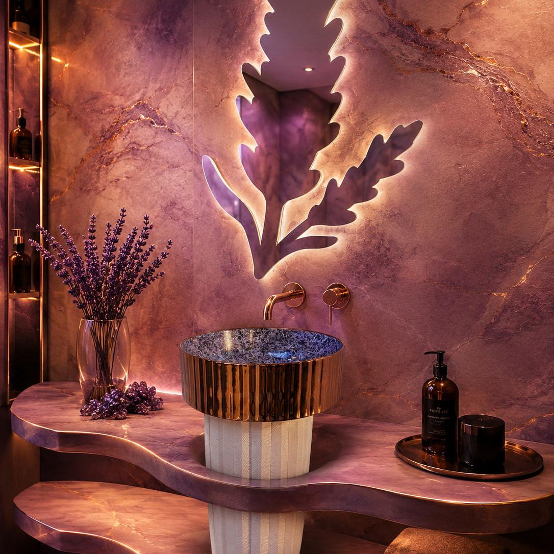 Rossella Fiorillo Ceramic Texture RF Eclisse Line Model Millerighe OSL010 Purple RF Texture Interior Rose Gold-plated Exterior Sink