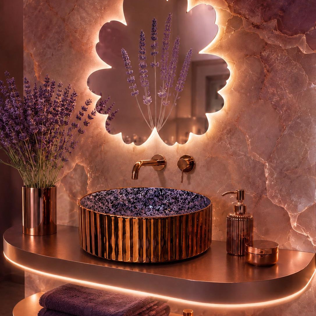 Rossella Fiorillo Ceramic Texture RF Eclisse Line Model Millerighe OSL010 Purple RF Texture Interior Rose Gold-plated Exterior Sink