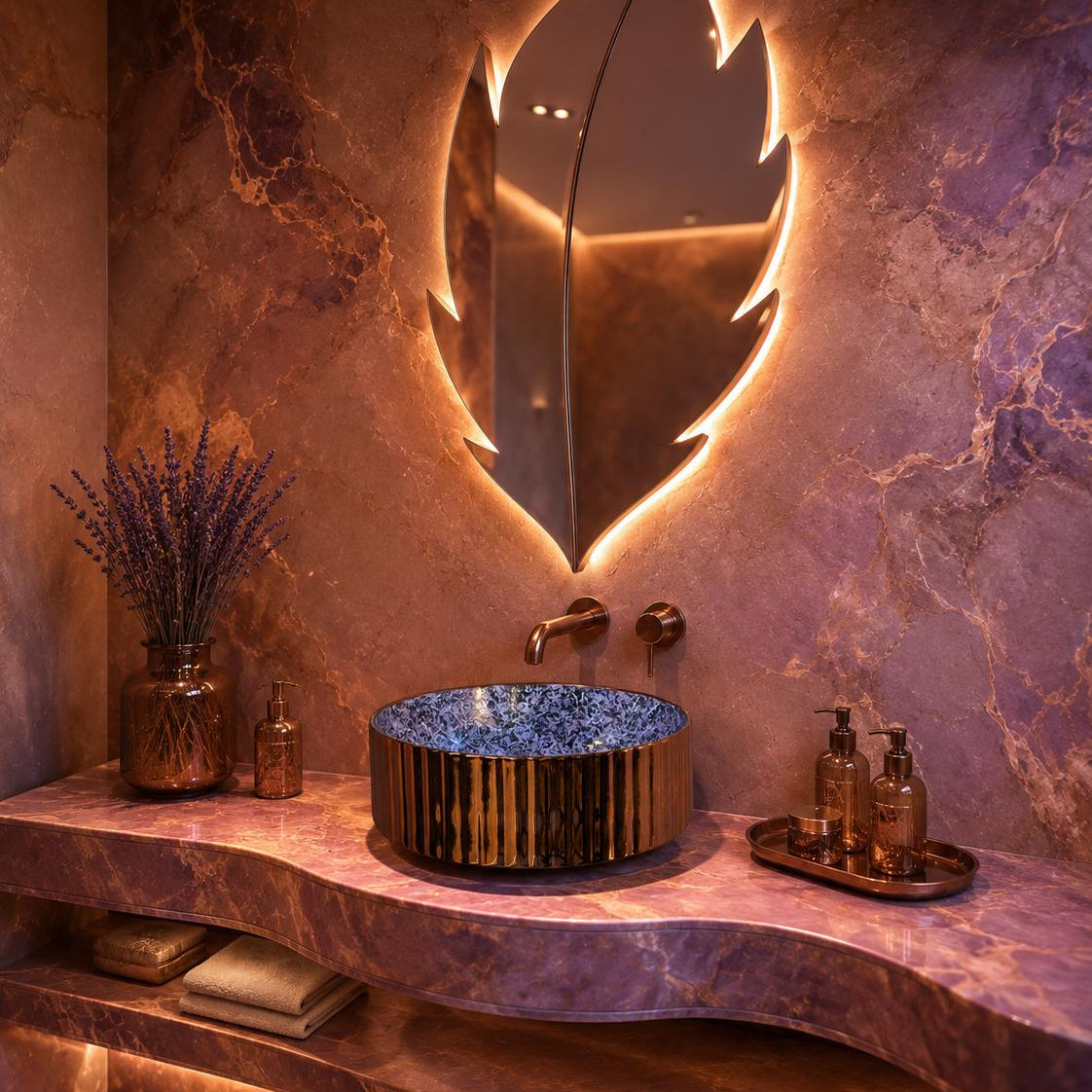 A luxury bathroom vanity setup featuring a curved marble countertop in warm purple and brown tones, a round ribbed vessel sink with a blue marbled interior and gold-toned rim, a matching leaf-shaped backlit mirror, and bronze bathroom accessories.