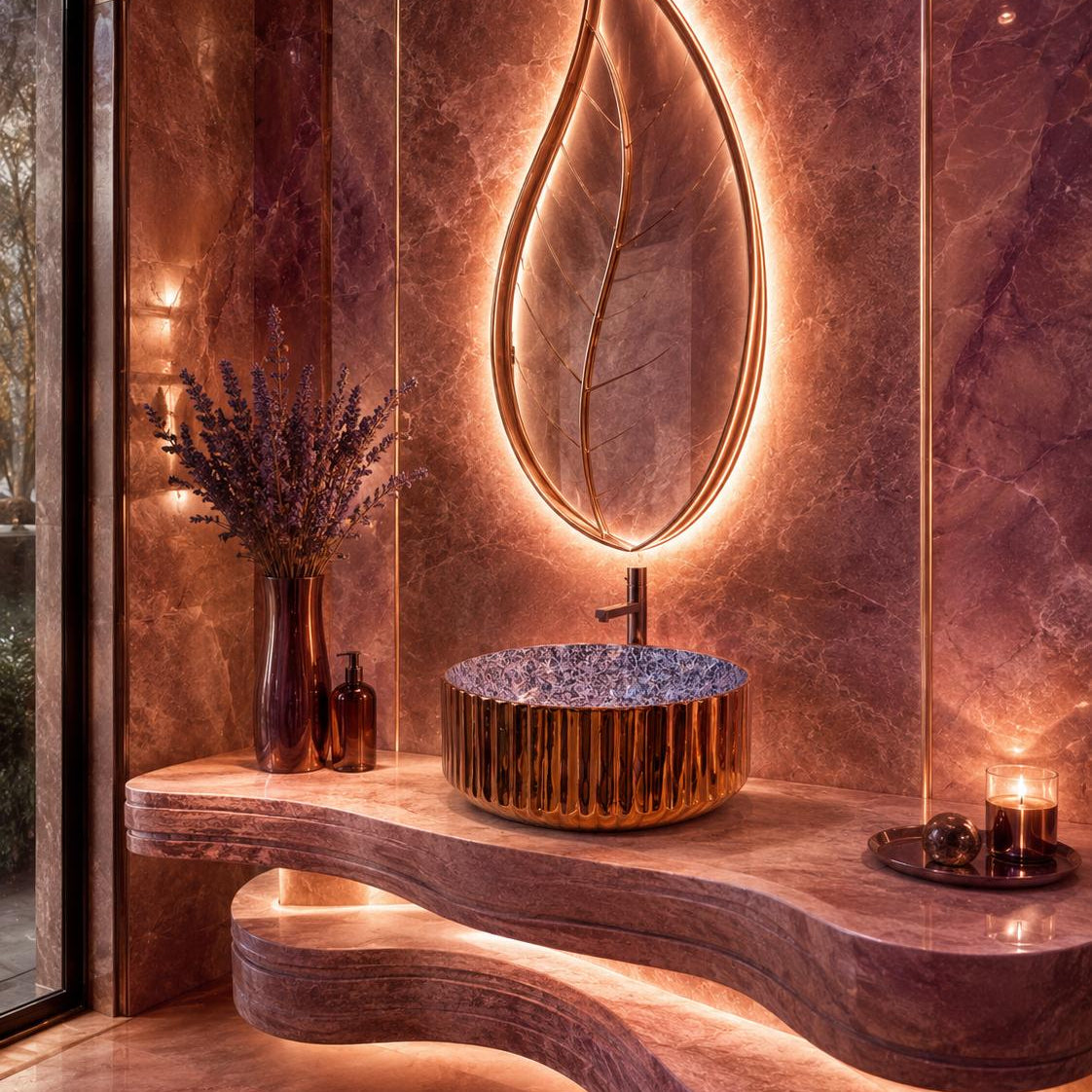 Luxury bathroom vanity featuring a wavy carved stone countertop, a ribbed round vessel sink, and a large leaf-shaped backlit mirror set against a warm brown marble wall.