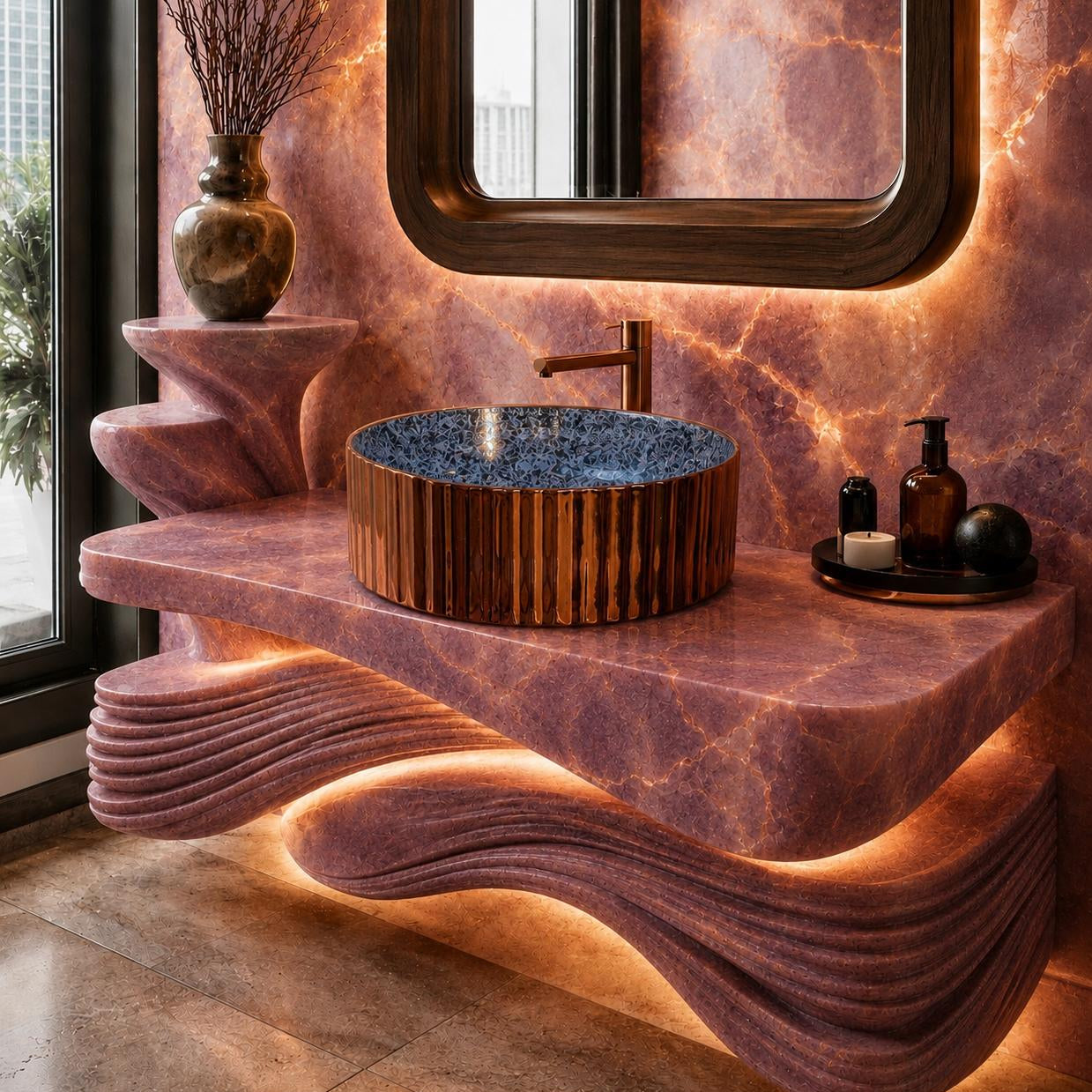 Rossella Fiorillo Ceramic Texture RF Eclisse Line Model Millerighe OSL010 Purple RF Texture Interior Rose Gold-plated Exterior Sink