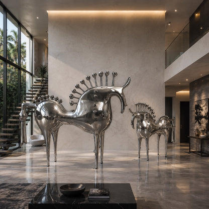 Silver horse sculptures in a modern interior setting