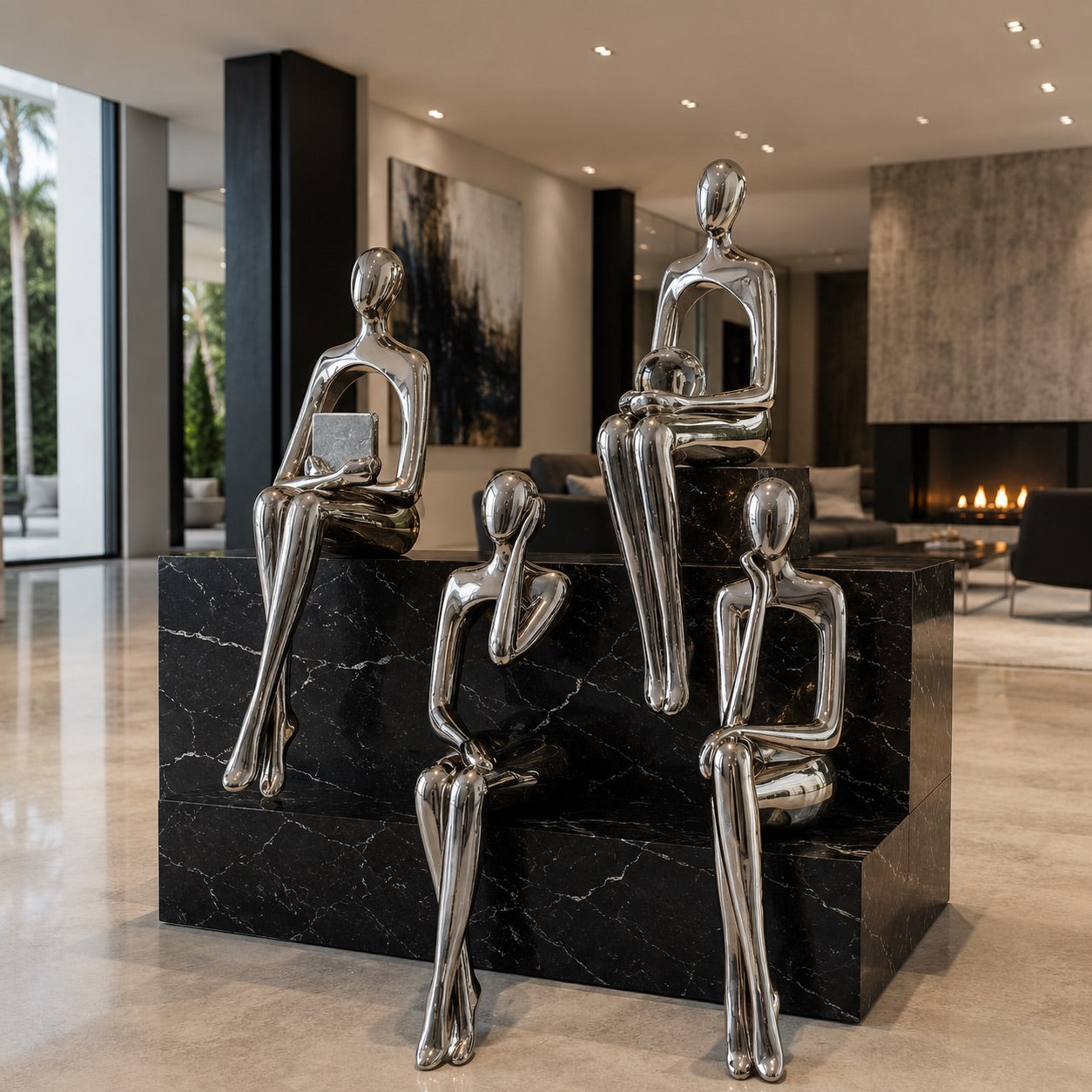 Set of silver abstract sculptures on a black marble base in a modern interior setting.