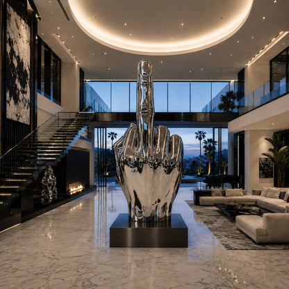 Modern interior with a large metallic sculpture of a hand in a high-five gesture.