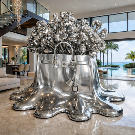 OSO Stainless Steel Floral Dynasty Sculpture Stainless Steel Floral Dynasty Bag Purse MeltingSculpture Height: 19.6 inch (50 cm)