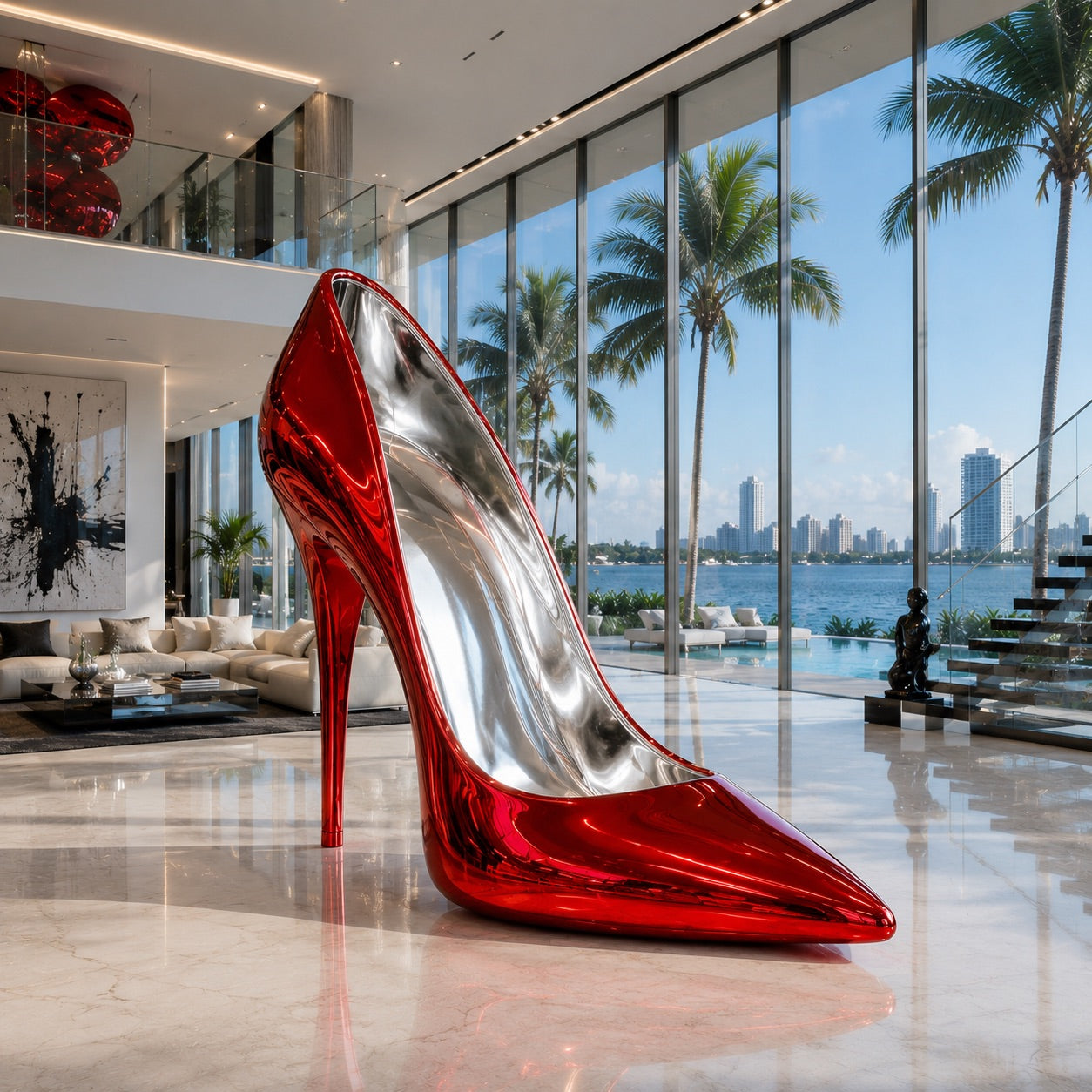 Red high-heeled shoe sculpture in a modern living room with large windows and palm trees outside.