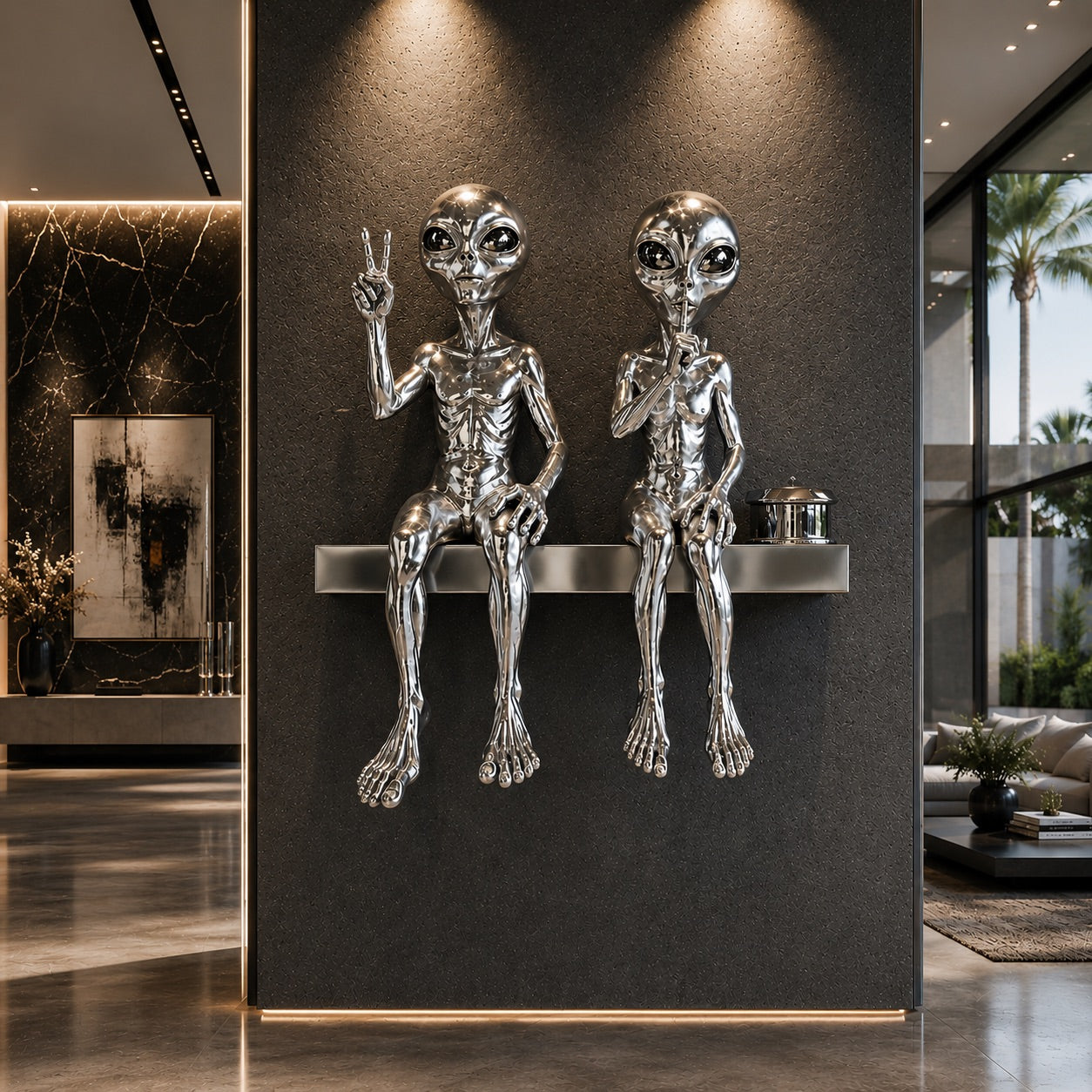 Metallic alien sculptures on a shelf against a dark wall in a modern interior setting.