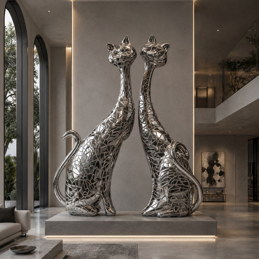 Two metallic cat sculptures in a modern interior setting