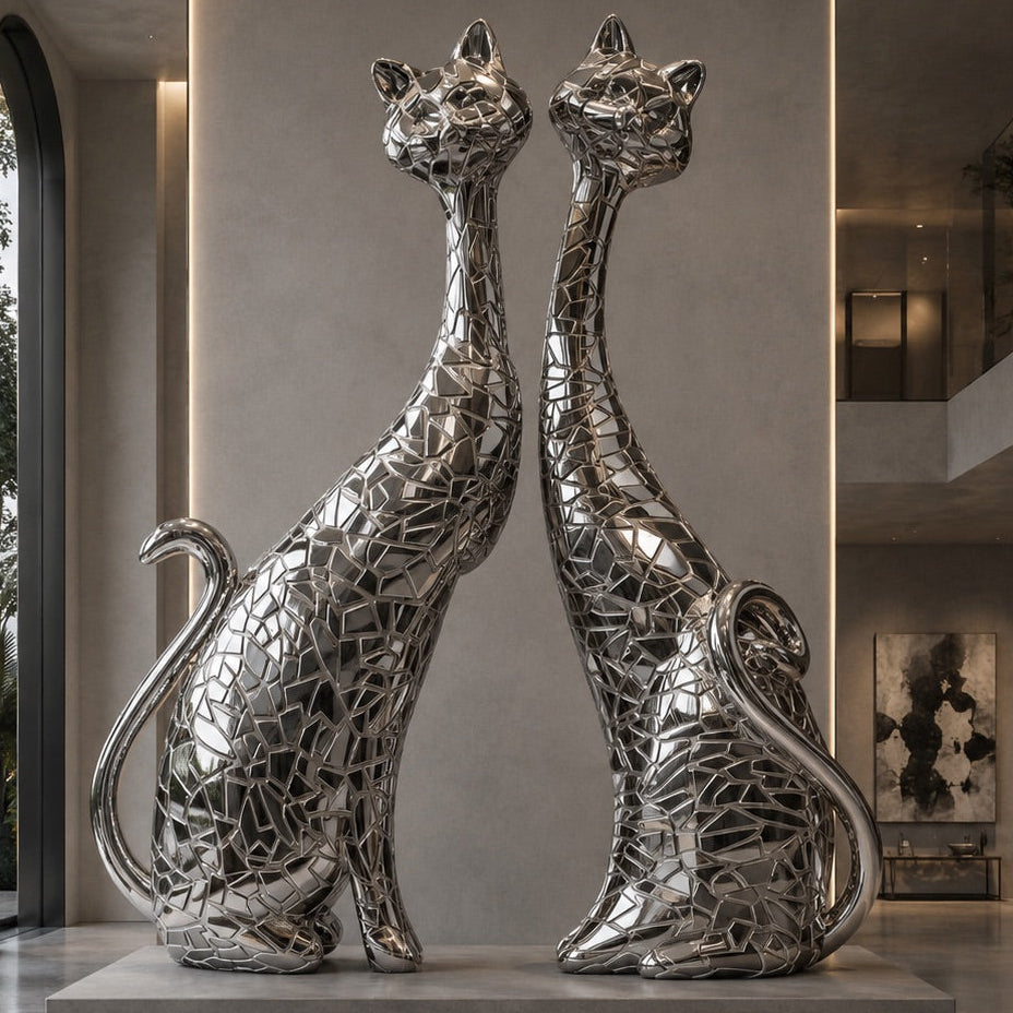 Two metallic cat sculptures in a modern interior setting