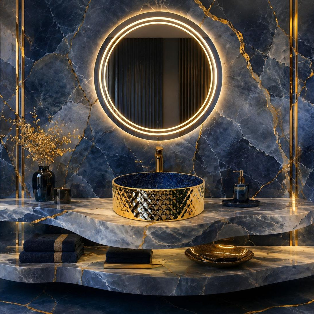 Rossella Fiorillo Ceramic Texture RF Eclisse Line Model Rombo OSL009 Blue RF Texture Interior Gold-plated Exterior Sink