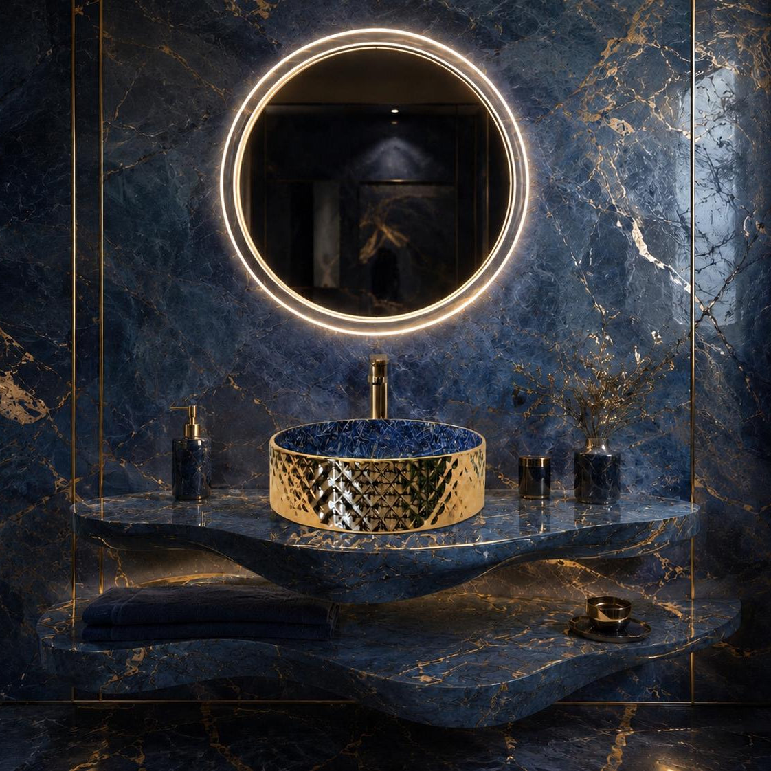 Luxury bathroom vanity featuring a round illuminated LED mirror, a textured gold and blue vessel sink, and a matching wavy marble countertop and backsplash in deep navy with gold veining.