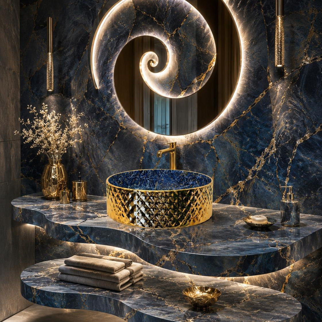 Rossella Fiorillo Ceramic Texture RF Eclisse Line Model Rombo OSL009 Blue RF Texture Interior Gold-plated Exterior Sink