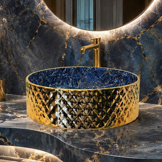 Rossella Fiorillo Ceramic Texture RF Eclisse Line Model Rombo OSL009 Blue RF Texture Interior Gold-plated Exterior Sink