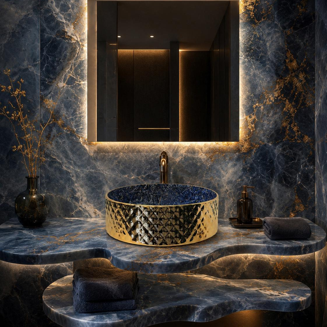 Rossella Fiorillo Ceramic Texture RF Eclisse Line Model Rombo OSL009 Blue RF Texture Interior Gold-plated Exterior Sink