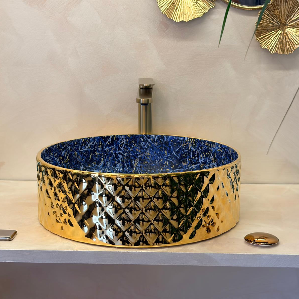 Rossella Fiorillo Ceramic Texture RF Eclisse Line Model Rombo OSL009 Blue RF Texture Interior Gold-plated Exterior Sink