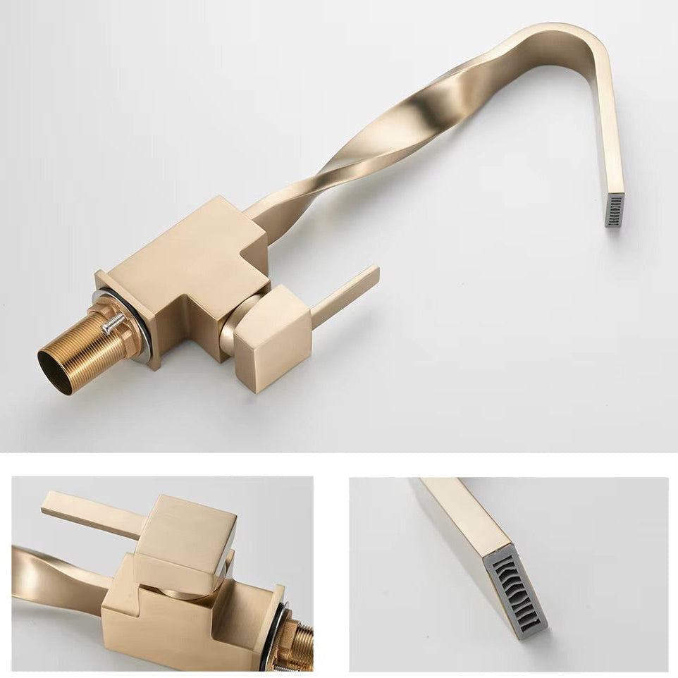 A modern single-handle faucet with a twisted elongated spout and geometric body, shown in a brushed brass/gold finish on a light gray background, with two detail inset images at the bottom.
