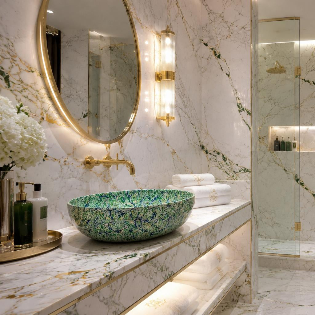 Luxury bathroom interior with white marble walls and counter, a green mosaic vessel sink, round gold-framed mirror, glass shower enclosure, and white toilet with folded towels.