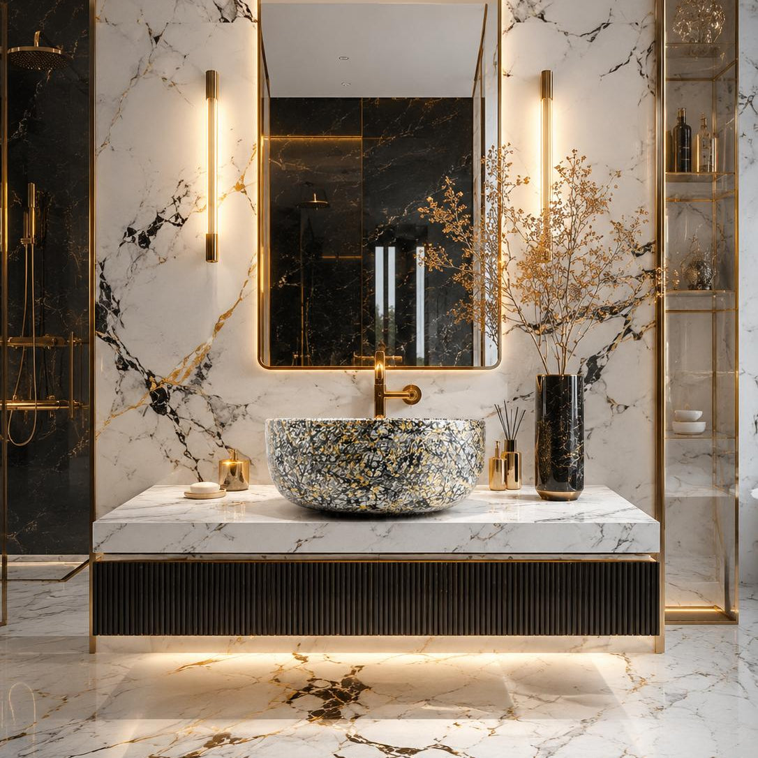 Luxury modern bathroom featuring a floating vanity with a textured mosaic vessel sink, gold fixtures, and white marble walls and floor with black veining.