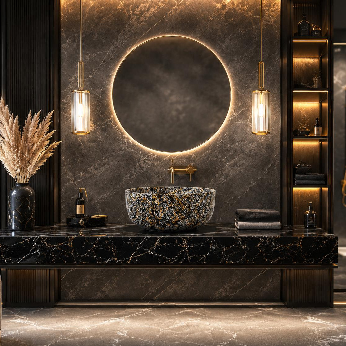 Luxury modern bathroom vanity featuring a round backlit mirror, a textured stone vessel sink, a black marble countertop with gold veins, and warm ambient lighting.