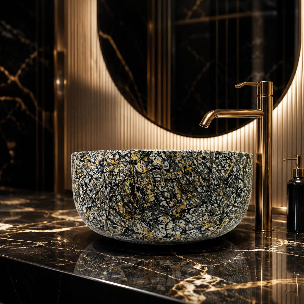 A round vessel sink with a black, white, and gold marbled pattern sits on a black marble countertop with gold veining, paired with a brushed gold faucet in a luxurious bathroom setting.