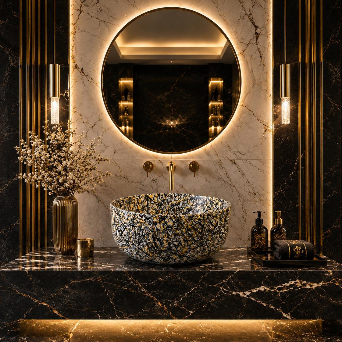 Luxury bathroom vanity featuring a round vessel sink with a black, gold, and white marbled pattern, set on a dark marble countertop with gold accents, a large round backlit mirror, and wall sconces.