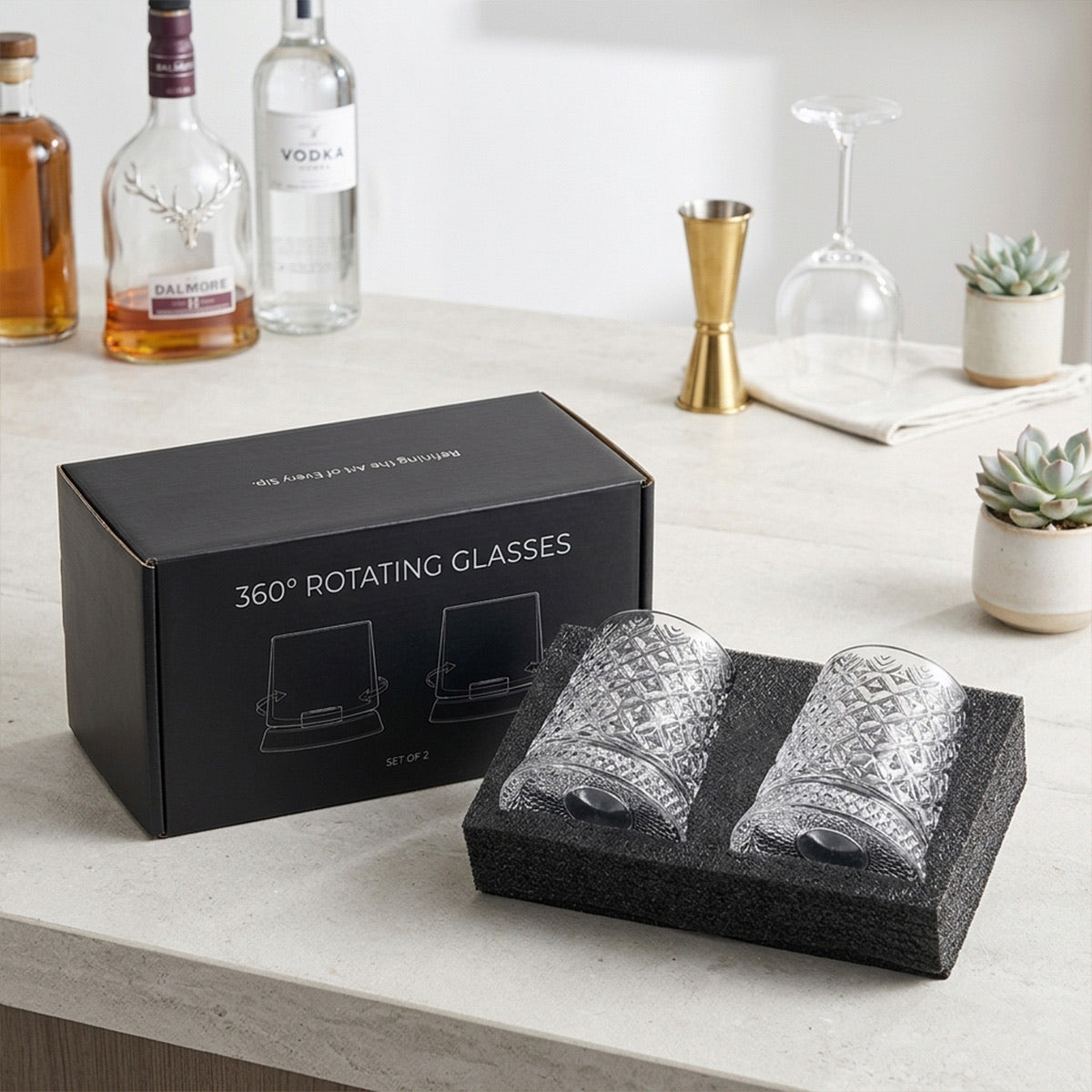 ArtZ® Tokyo Crystal Spinning Whiskey Glass and Base Japanese Tokyo Crystal Spinning Whiskey Glasses