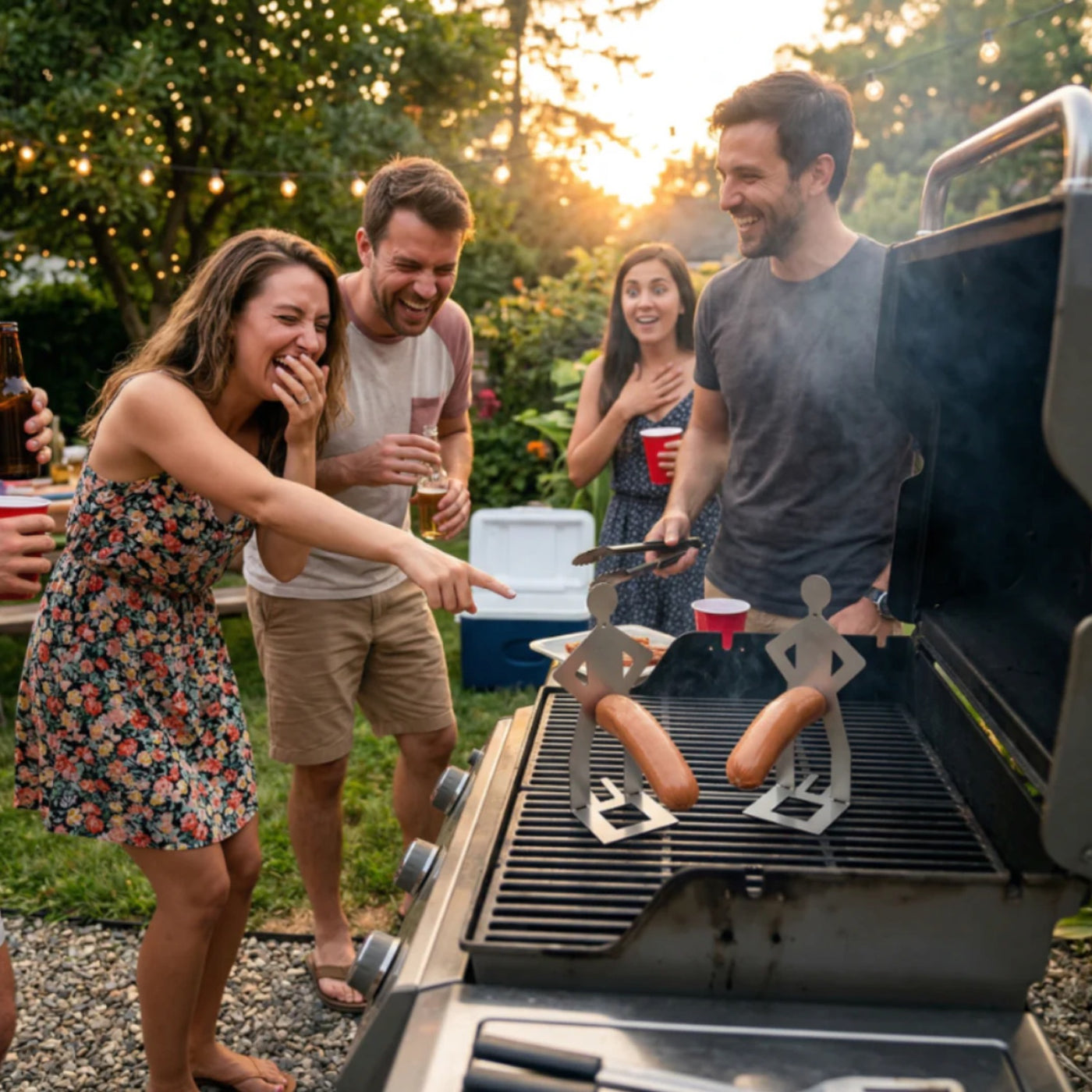 Funny stainless steel BBQ sausage holder on grill
