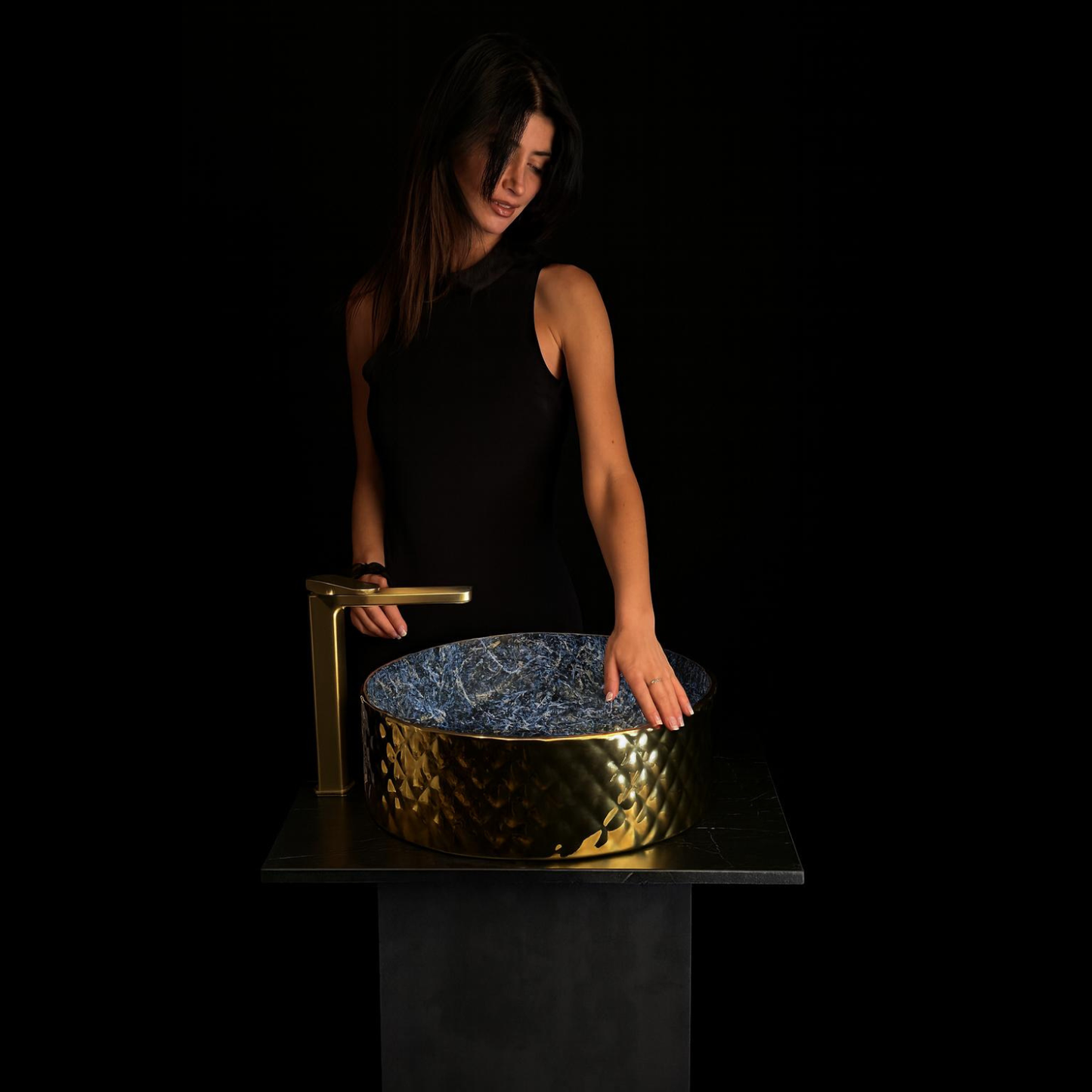 Rossella Fiorillo Ceramic Texture RF Eclisse Line Model Rombo OSL009 Blue RF Texture Interior Gold-plated Exterior Sink