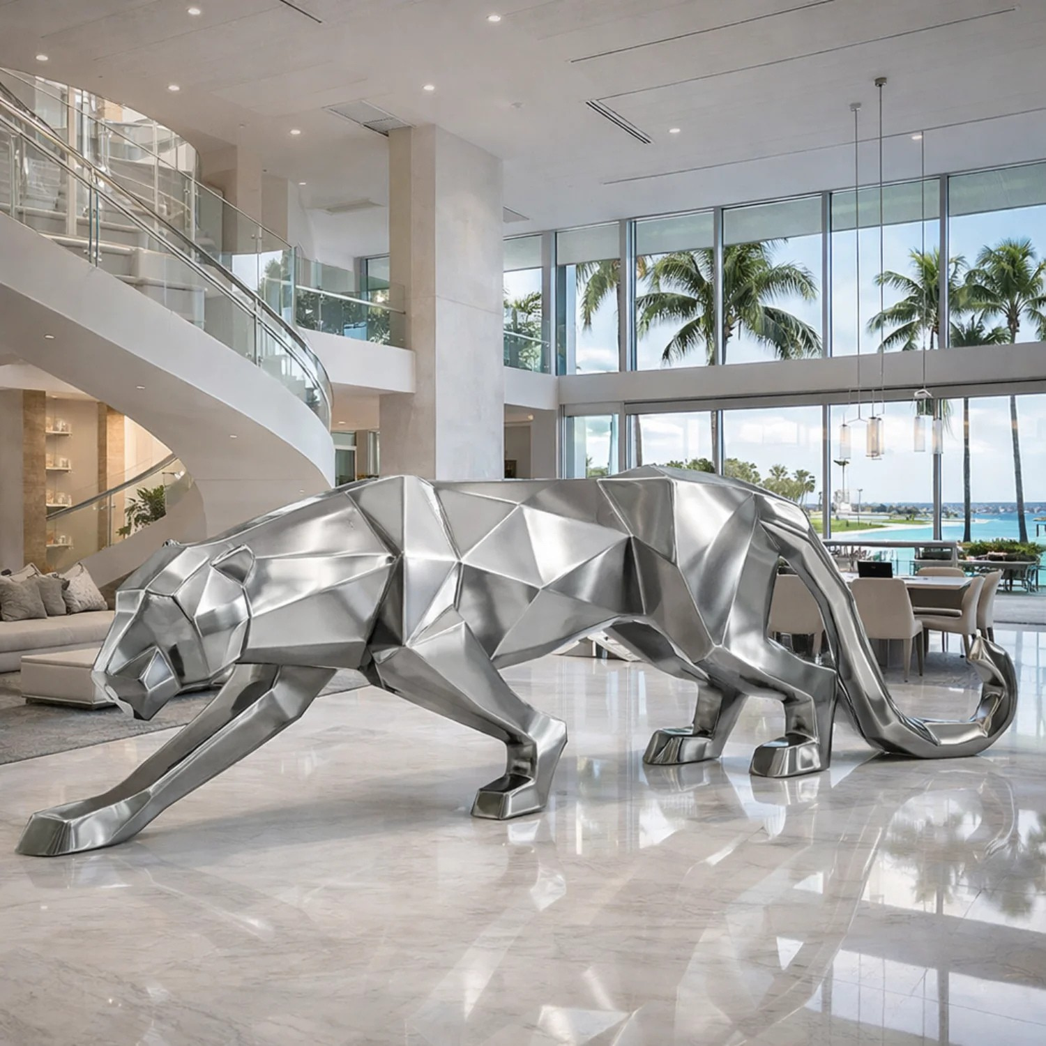 OSO Stainless Steel Dominion Panthera Sculpture Stainless Steel Panther Sculpture Height: 36 inch (91 cm) Silver