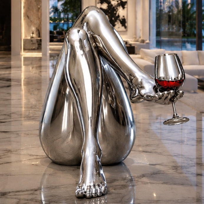 Modern interior with a large metallic sculpture of a reclining figure holding a glass of red wine.