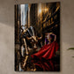Modern office with a large painting of a bull and a woman on a wall, overlooking a cityscape.